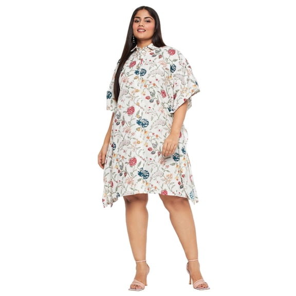 Oussum Women’s Plus-Size Cotton Short Kaftan Dress Relaxed Fit Collered Neck Fits 1X to 3X