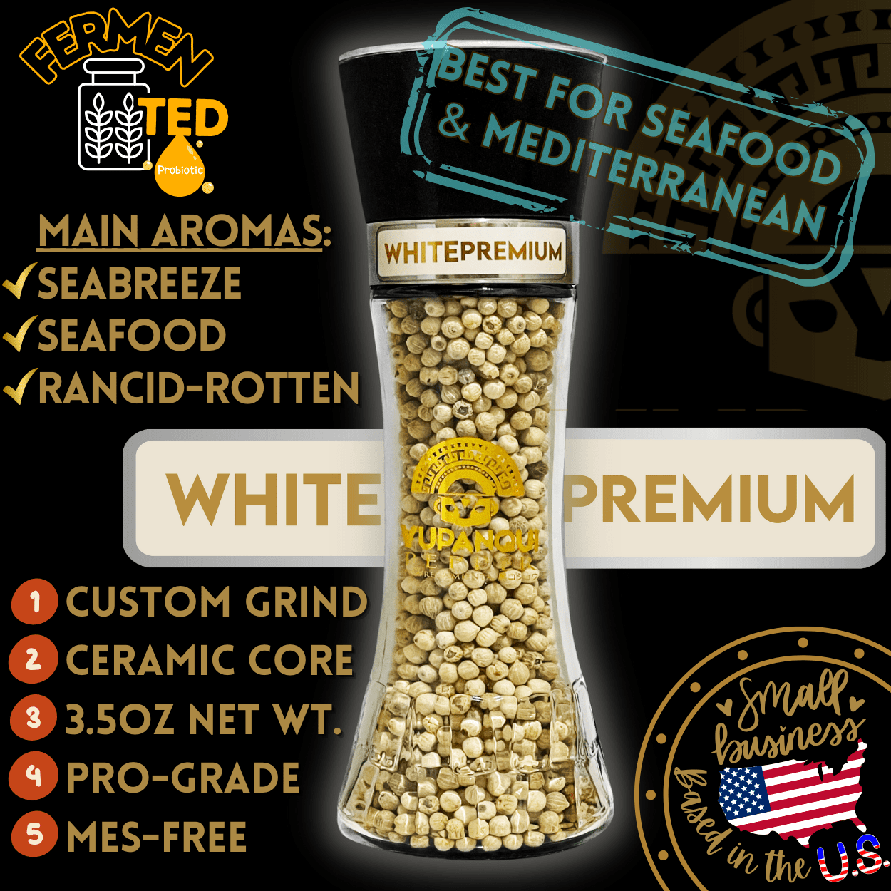 Yupanqui White Pepper Grinder 3oz Gourmet Flavor Vegan White Peppercorns for MEDITERRANEAN CUISINE
