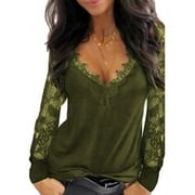 NGMQ Women Lace V-Neck Long Sleeves Sexy Tops Blouses