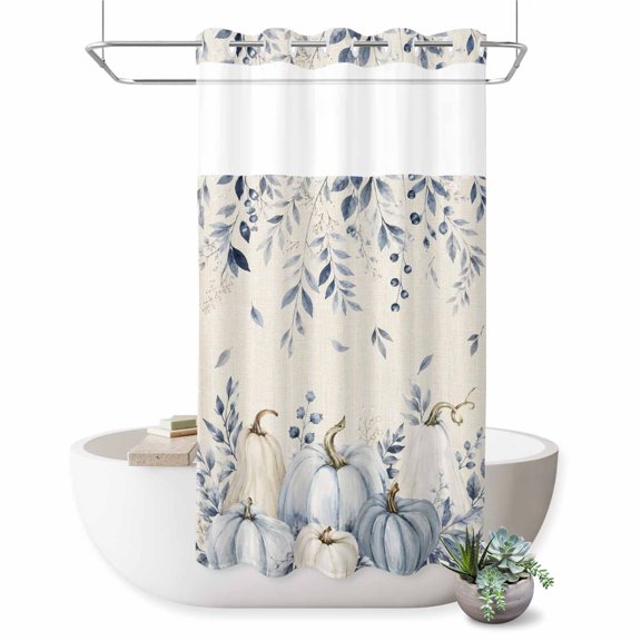 No Hook Shower Curtain, Blue Pumpkins Fall Shower Curtains for Bathroom with See Through Top Window, Thanksgiving Weeping Botanical Rustic Waterproof & Washable Bath Curtain Stand Up Stall 36"x72"