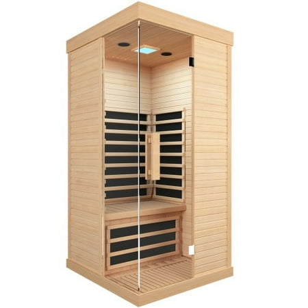 HOSAUNA Infrared Home Sauna Room,1 person Canadian Hemlock Wooden Indoor Sauna Spa，1400W/120V Heaters, 10 Minutes Pre-Warm up, Time and Temp Pre-Set