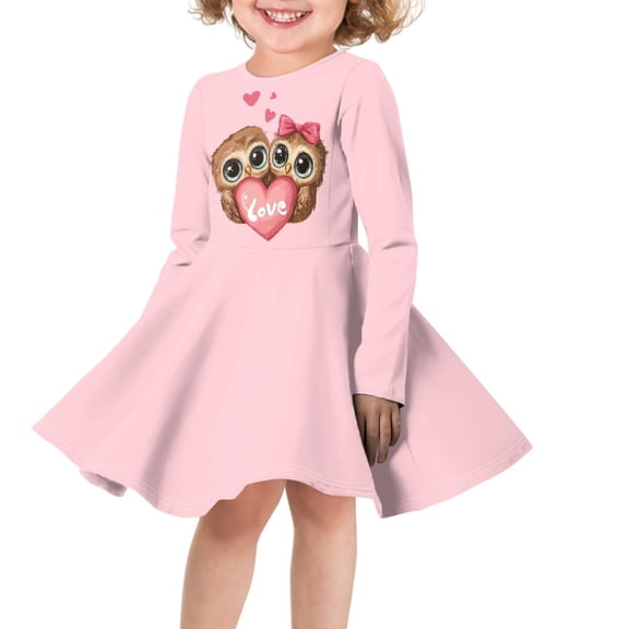 DISNIMO Girls Owl Dress Kids Heart Dresses for Girls Long Sleeve Pink Dress Kids 3-4 Girl Dresses Fall Dresses for Children Skater Dress Kids Holiday Dresses for Girls Midi Dress Long Sleeve
