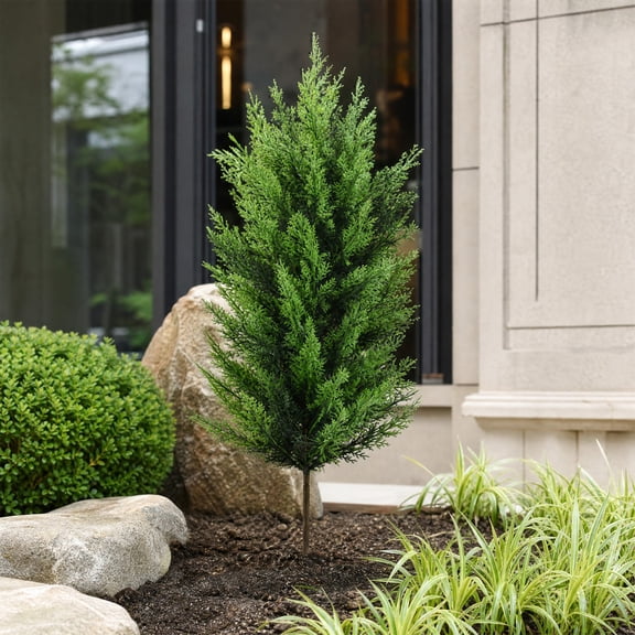 Artificial Cypress Topiary Tree -26 Inch Potted Fake Cedar Evergreen Shrub for Indoor Outdoor Front Porch Patio Christmas Decoration