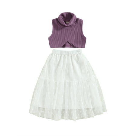 

Kuriozud Kid Skirt Set Sleeveless Turtleneck Vest with Dots Tulle Patchwork Skirts