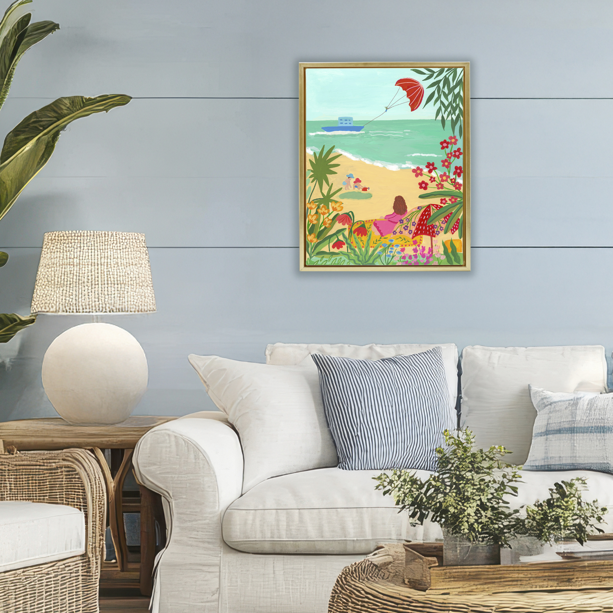 Beach And Flowers View Gold Framed Floater Canvas Wall Art, design by Nabeela Rumi