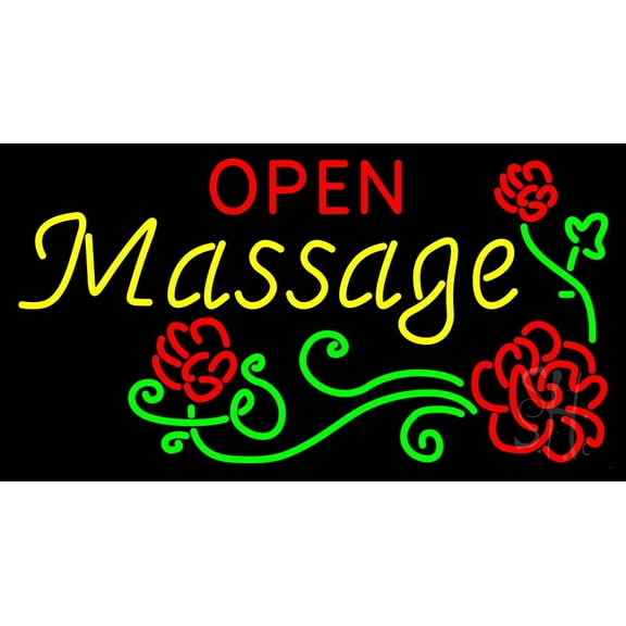 Open Massage LED Neon Sign 20 x 37 - inches, Black Square Cut Acrylic Backing, with Dimmer - Bright and Premium built indoor LED Neon Sign for Spa interior decor and storefront.