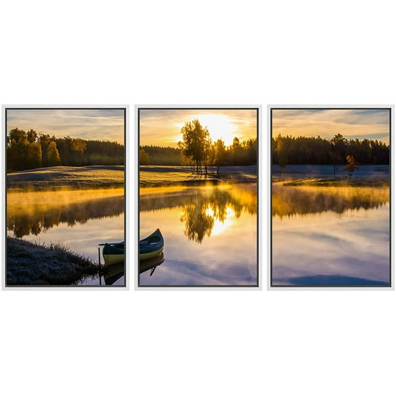 wall26 - 3 Piece Framed Canvass Wall Art - Sunrise Over The Lake with a Boat - Modern Home Art Stretched and Framed Ready to Hang - 16"x24"x3 White