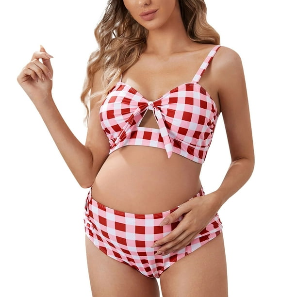 OAVQHLG3B Plaid Maternity Bikini Set Two Piece Scalloped Bathing Suits