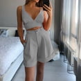 thumbnail image 2 of Summer Two Piece Outfits for Women Sleeveless V Neck Tank Crop Tops with High Waisted Wide Leg Cuffed Hem Shorts Sets, 2 of 7
