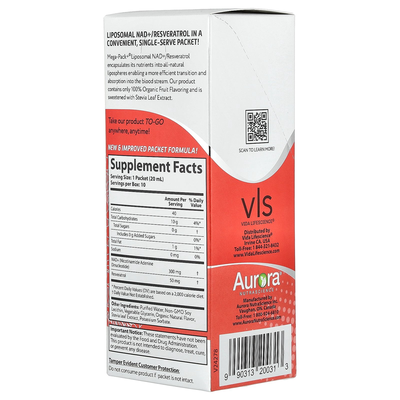 Aurora Nutrascience Mega-Pack+®, Liposomal NAD +/ Resveratrol, 10 Packets, 0.68 fl oz (20 ml) Each
