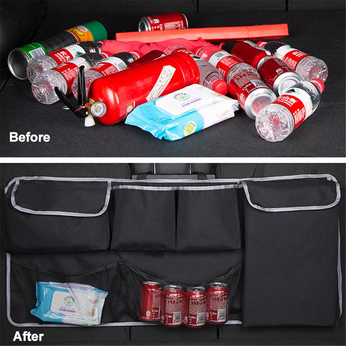 Trunk Hanging Organizer, Backseat Bag, Car Interior Accessories with 4 Pockets & 2 Mesh Pouches for Groceries, Will Provide More Storage Trunk Space for SUV, Jeep, MPVs