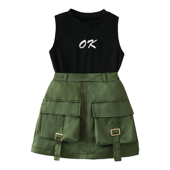 Staki Girls Skort Outfit Toddler Baby girl Golf Outfit Sleeveless Collared Golfing Theme Embroidery Tank Top Pleated Skirts Set Summer Clothes 3T 4T 5T Army Green,5-6 Years