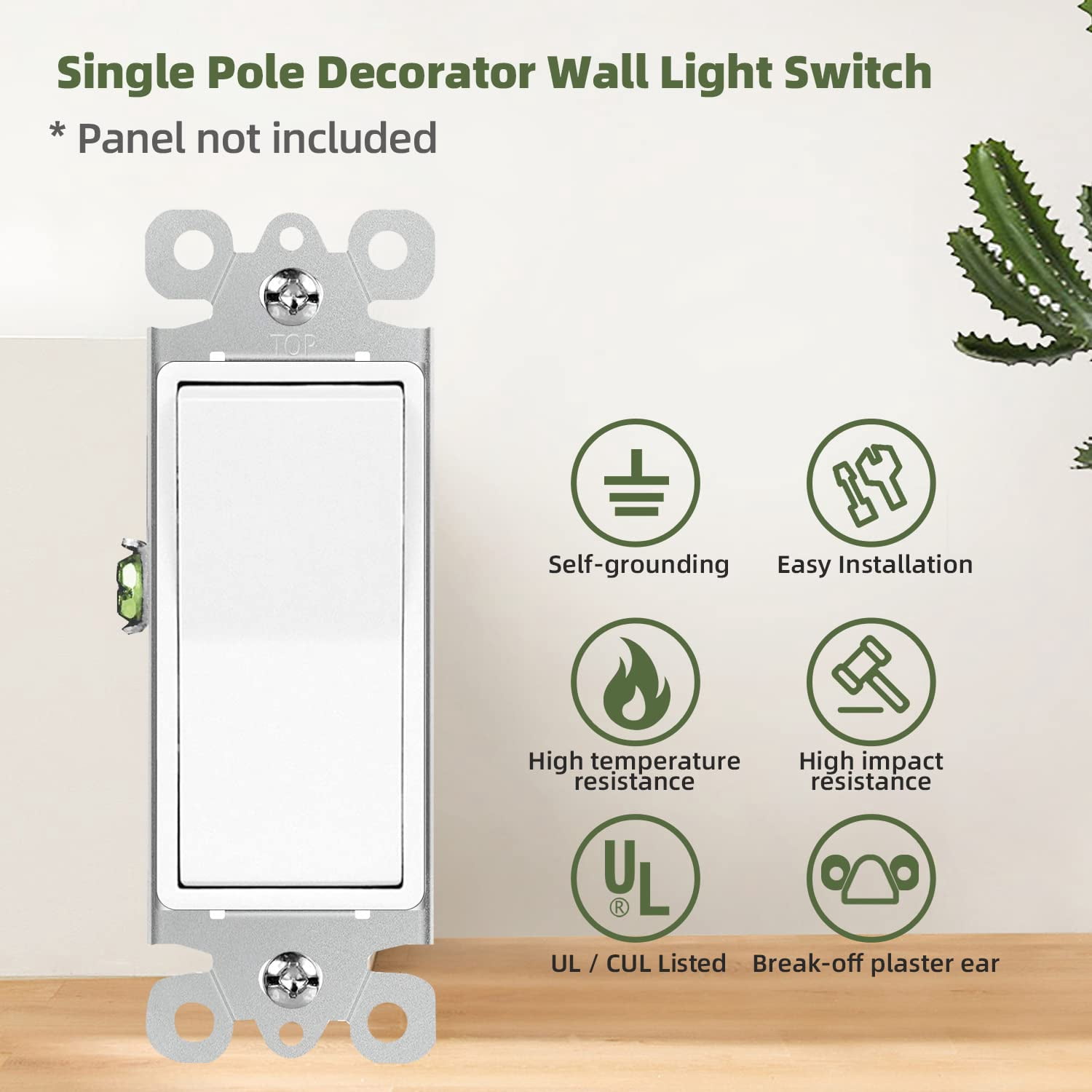 KYascend Single Pole Decorator Wall Light Switch Residential Grade Paddle Rocker Interrupter, 3 Wires Grounding Screw 15A 120V/277V UL Listed ,10Pack