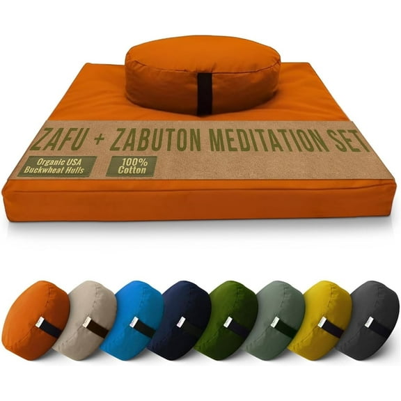 Cotton Meditation Cushion and Mat Set - Organic Buckwheat Filled Oval Zafu Meditation Pillow and Cotton Filled Zabuton Floor Pad - Made in USA, Tangerine