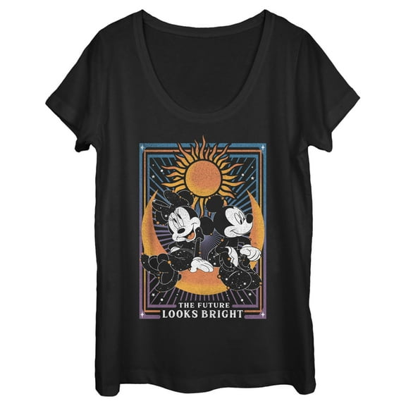Women's Mickey & Friends The Future Looks Bright Mickey and Minnie Tarot Card  Scoop Neck Black Large