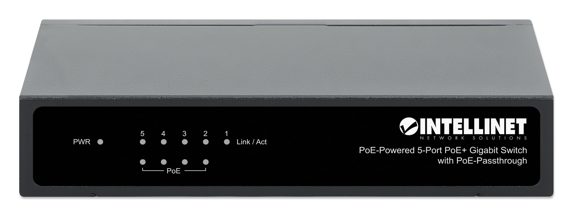 Intellinet PoE-Powered 5-Port Gigabit Switch with PoE-Passthrough | 60W, Rear-facing Ports, Fanless, Desktop Format, Wall-mount Option | NDAA-compliant