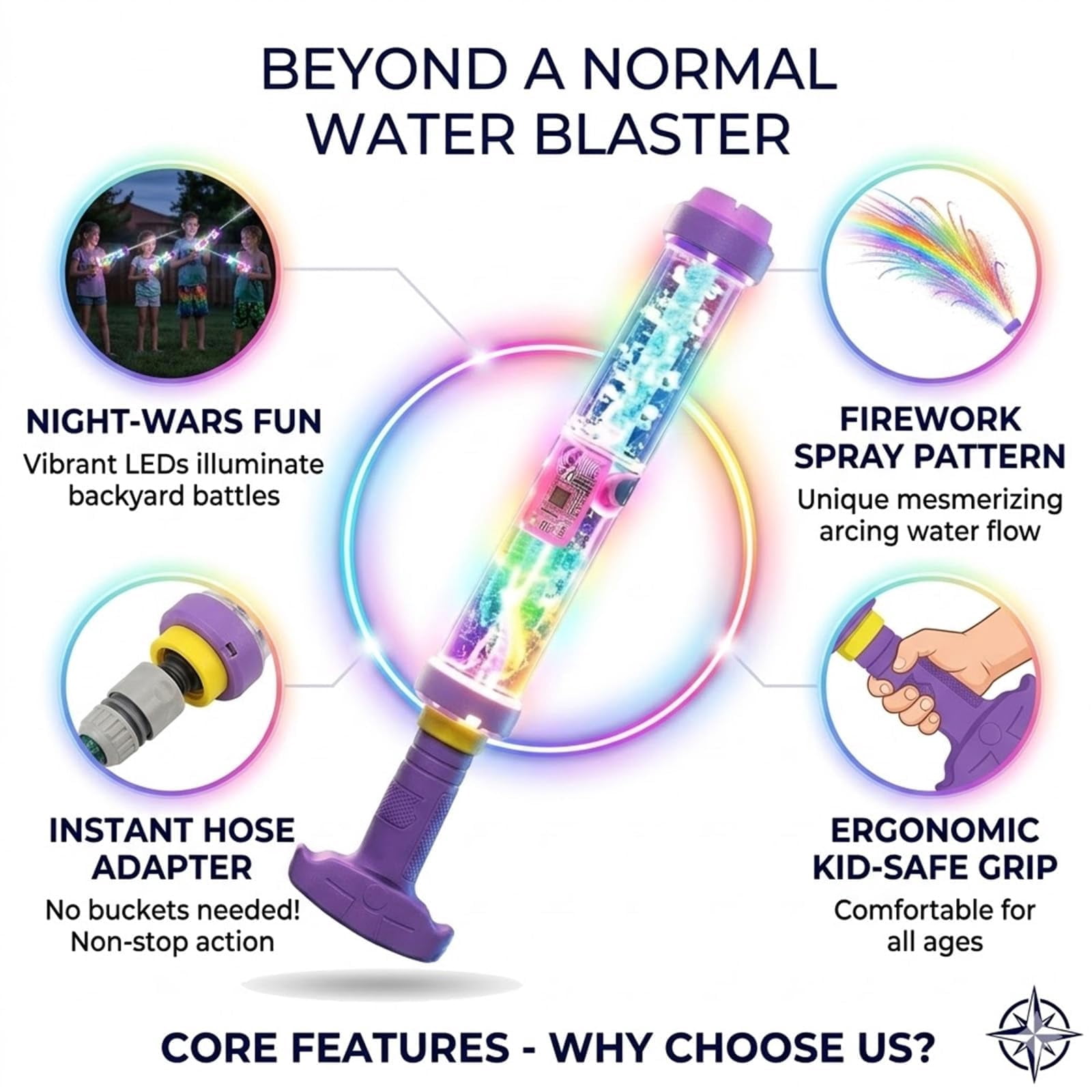 Glowing Rainbow LED Water Blaster – Magic LED Water Gun, Pull‑Out High‑Pressure Rainbow Spray for Pool Party, Backyard, Beach & Summer Outdoor Games