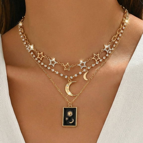 Moon and Star Necklace Celestial Layered Chain Adjustable for Women Gold