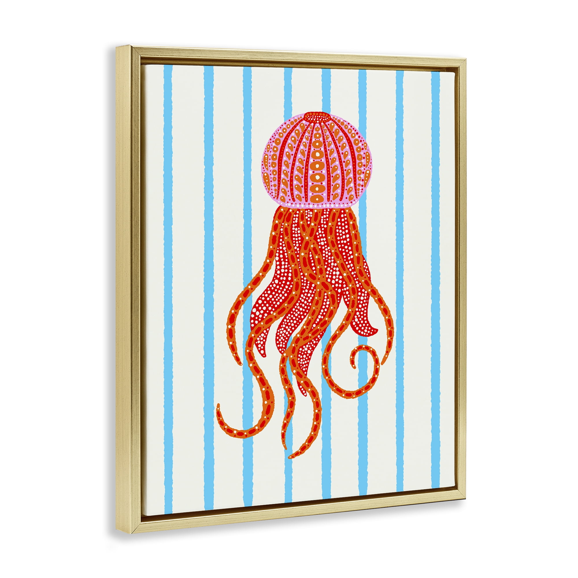 Stupell Industries Bright Aquatic Jellyfish on Stripes Gold Framed Floater Canvas Wall Art, design by Indira Prieto | IndySign