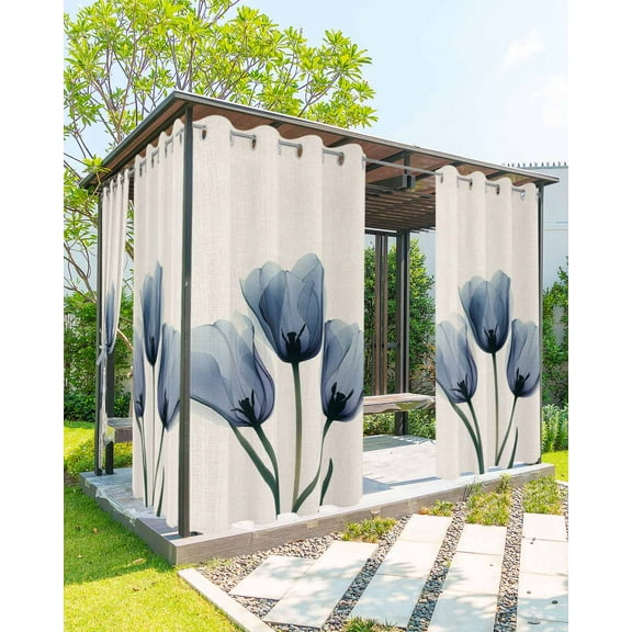 Outdoor Curtains for Patio, Blue Tulip Waterproof Blackout Outside Curtain for Porch/Pergola/Gazebo, Rustic Spring Floral Summer Botanical Thermal Insulated Drapes for Cabana, 2 Panels, 54 x 95 Inch