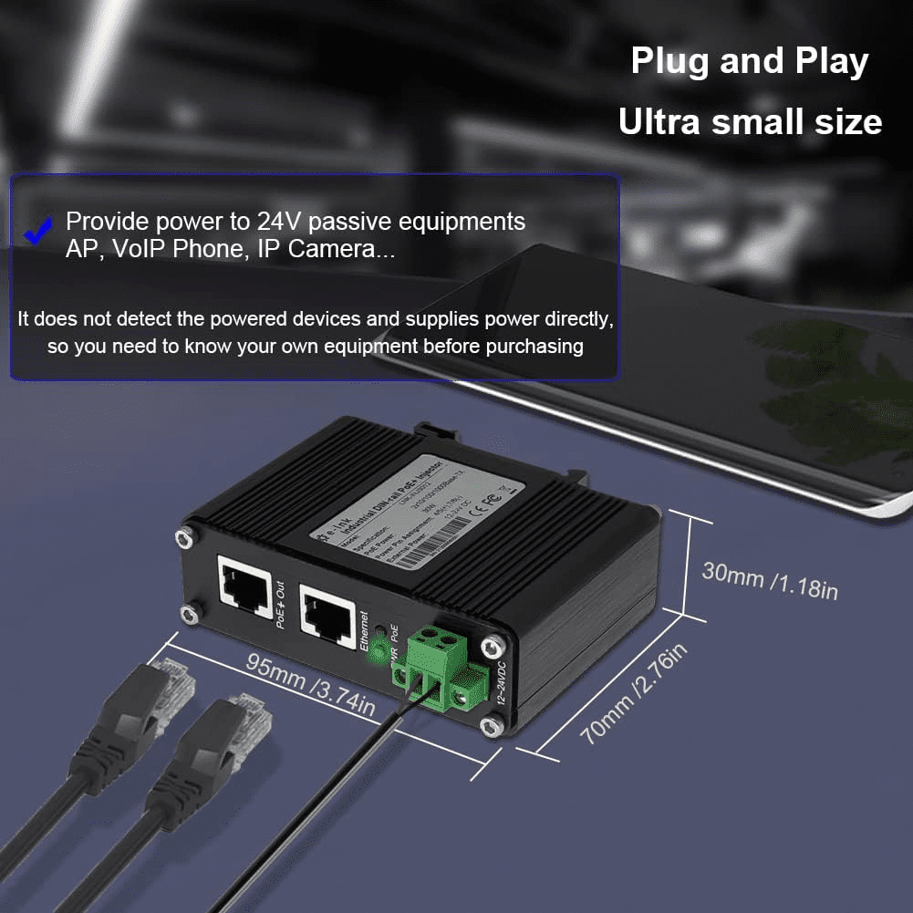 Industrial Gigabit Passive PoE Injector Hardened POE Adapter with 12-24V DC Input 24V PoE Output DIN- Rail/Wall Mount