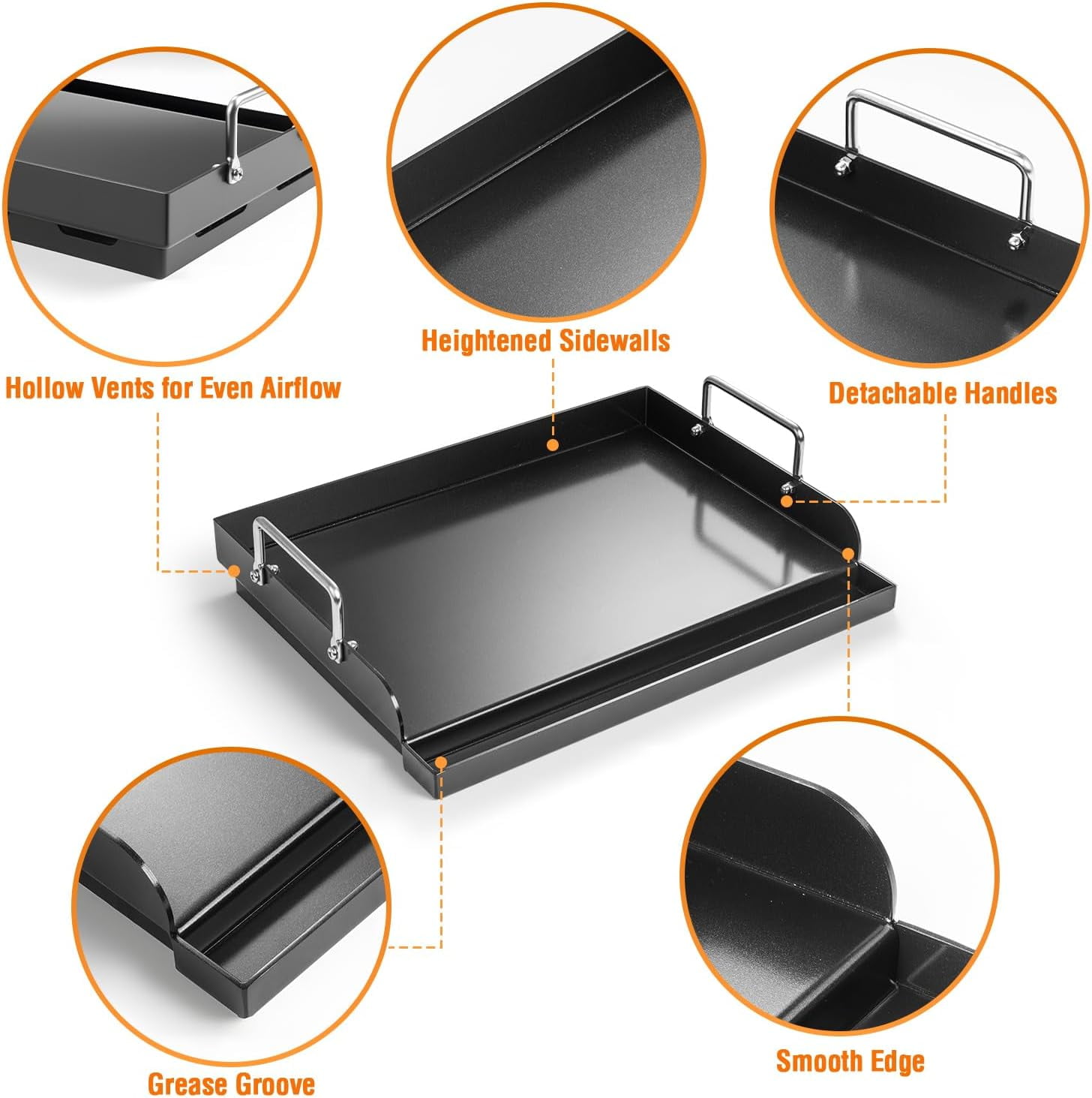 17" x 13" Nonstick Coating Cooking Griddle for Gas Grill, Universal Griddle Flat Top Plate Insert with Grease Groove and Removable Handles for Charcoal/Gas Grills, Camping, Tailgating, Parties