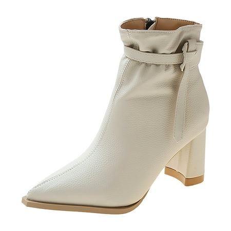 

Fashion Women Solid Color Warm Winter Thick Sole Square Heels Zipper Short Booties Pointed Toe Shoes
