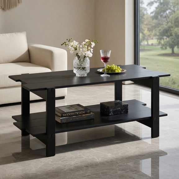 Topcobe 2-Tier Slatted Wood Coffee Table with Storage Shelf, Center Table for Living Room, Modern Furniture for Home-Black