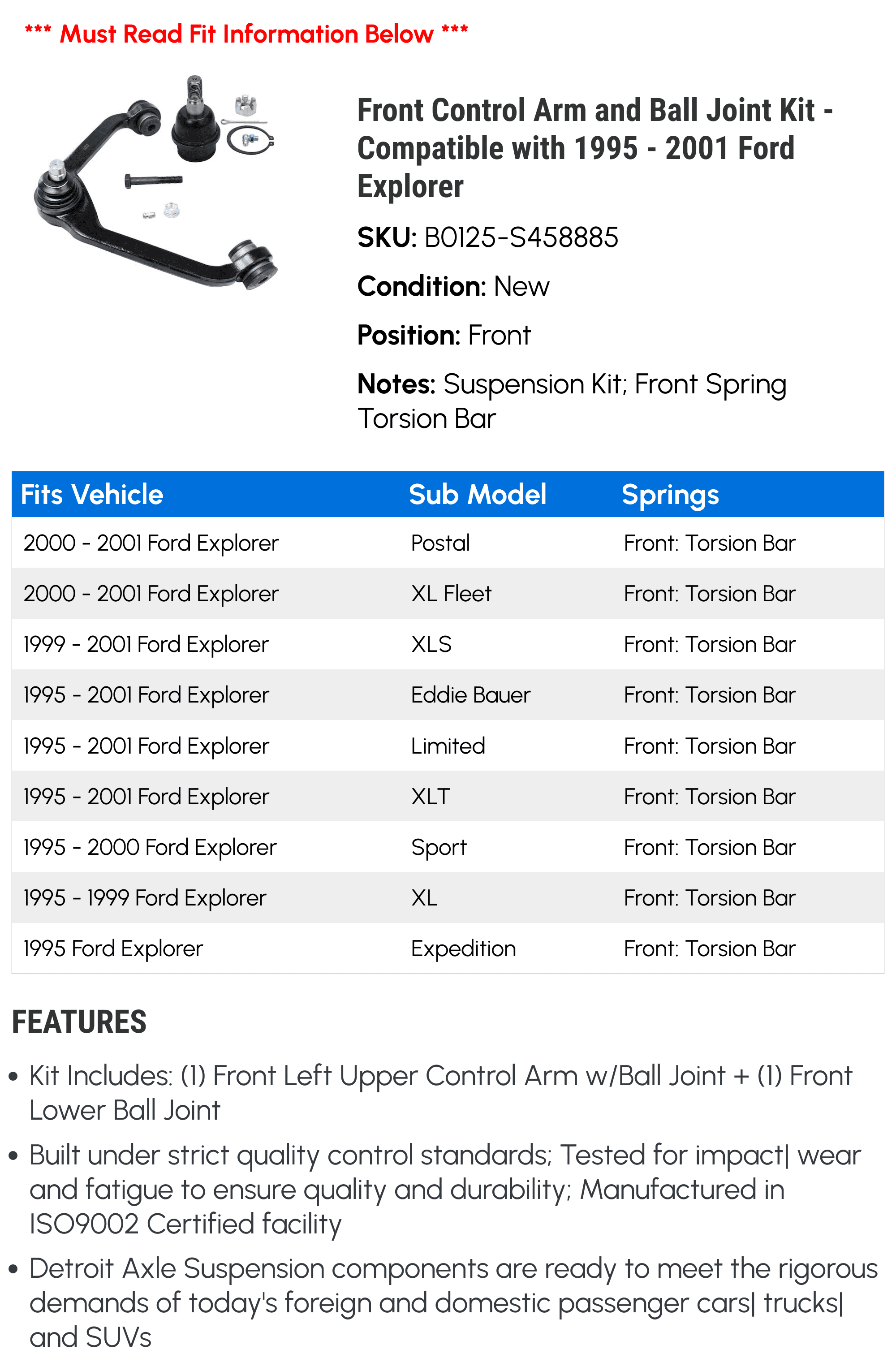 Front Control Arm and Ball Joint Kit - Compatible with 1995 - 2001 Ford Explorer 1996 1997 1998 1999 2000
