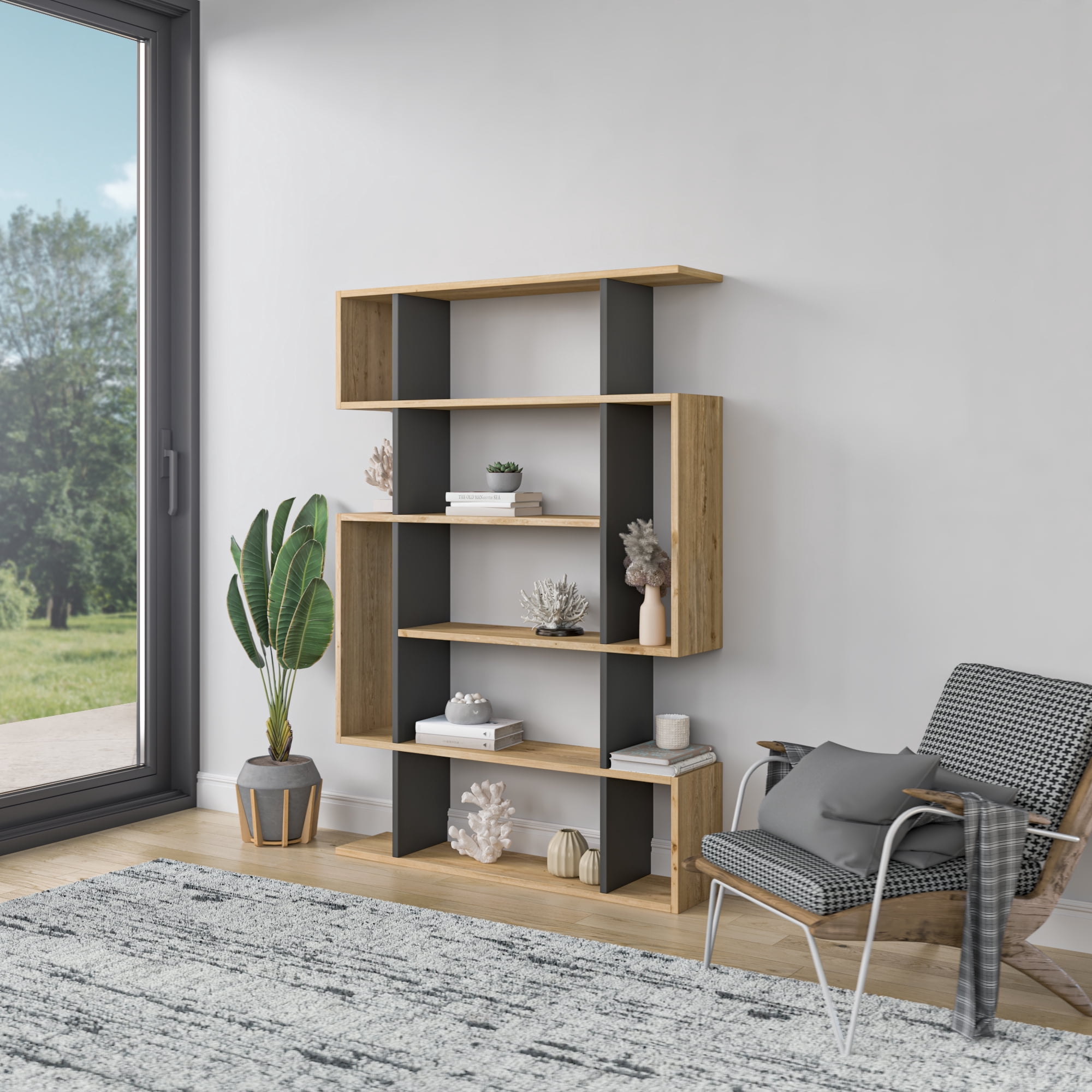 Ada Home Decor Furniture Multiple Tier Open Shelf Oak Anthracite Blair Modern Bookcase