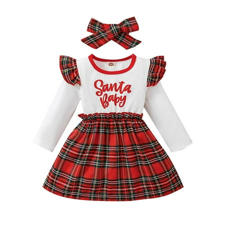 

Capreze Letter Print Jumpsuit Top+Strap Dress+Heanband Ribbed Spring Autumn Outfits Newborn Buttons Christmas Dresses Set Photograph Suspender 3Pcs Outfit Suit Red 100cm