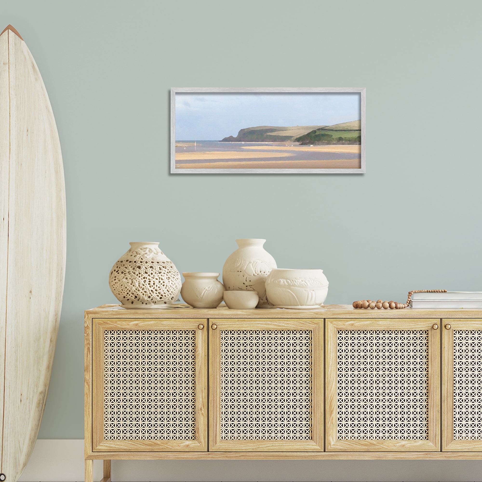 Stupell Industries Sunlit Sands Beach Landscape Painting Gray Framed Art Print Wall Art, 30 x 13
