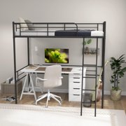KOMFOTT Twin Metal Loft Bed, Heavy-Duty Steel Slats Support Loft Bed Frame with Ladder, Safety Guardrail, Space-Saving Loft Bunk Bed for Juniors & Adults, No Box Spring Needed