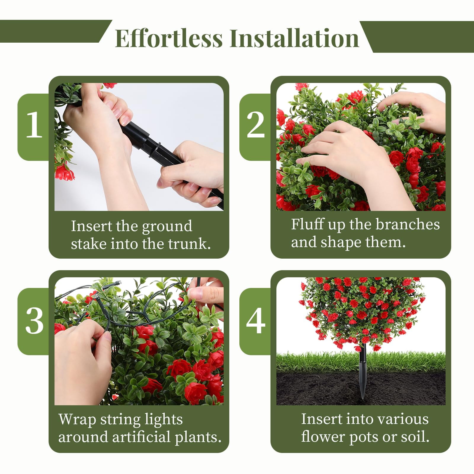 Lewondr Artificial Red Flowers Boxwood Topiary Ball Plants, 2 Pack Fake Plants for Outdoor with LED Lights, Faux Bushes with Ground Spike for Garden, Patio, Porch, Yard Decor
