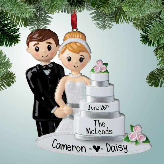 Wedding Couple by Cake - Personalized Ornament - Just Married - First Christmas - 1st Xmas - Perfect Stocking Stuffer - Great Gift Ideas