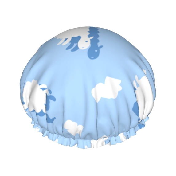 YFYANG Women's Double Waterproof Shower Cap, Blue Sheep Cloud Reusable Hair Cap for All Hair Styles and Head Sizes