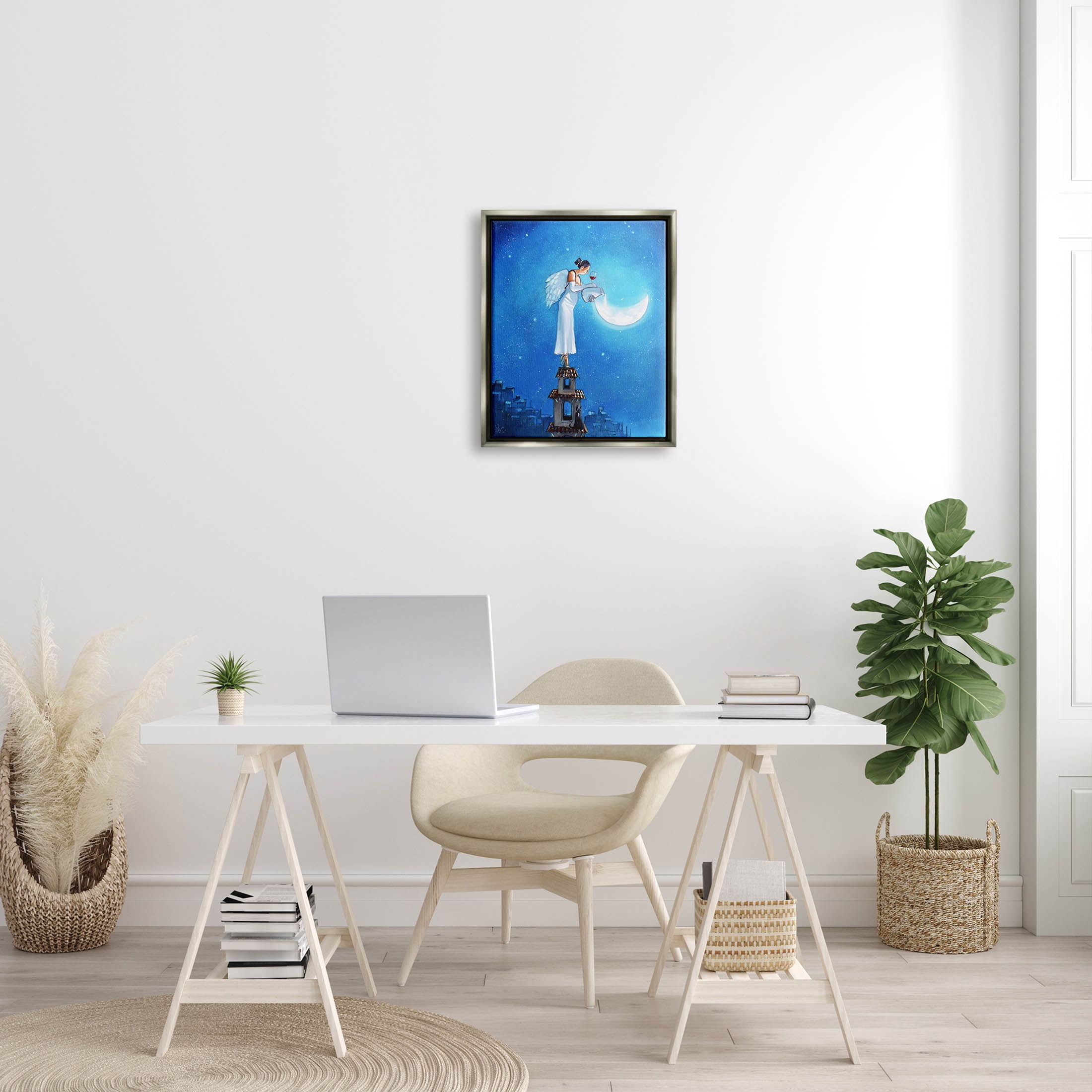 Angel Pouring Moon Cityscape Landscape Painting Luster Gray Framed Art Print Wall Art