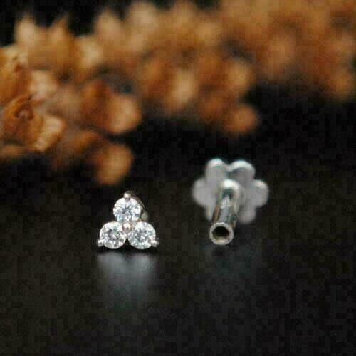 0.15 Ct Round Cut VVS1/D Diamond 3 Stone Stud Nose Pin 14k White Gold Plated Silver
