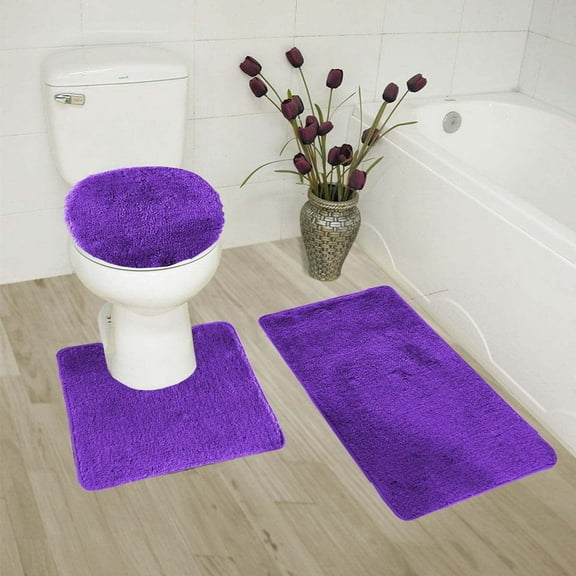 3PC PURPLE #6 Banded Design Bathroom Bath Mat Set Includes, 1 Contour Mat, 1 Lid Toilet Cover, 1 Bath Mat Ultra Absorbent with Anti-Slip Backings