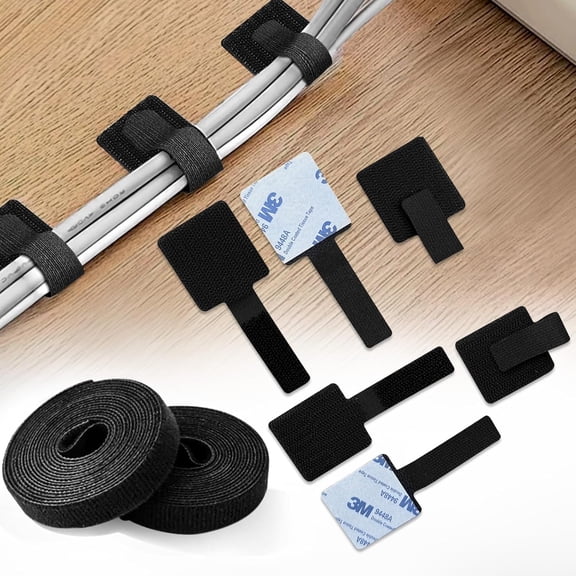 BDKWID-Adhesive Under Desk Cable Management Kit - 45 PCS Sticky Back Velcro Ties 2 Rolls Extension Straps for No Drill Cord Organization, Home Office (Black)