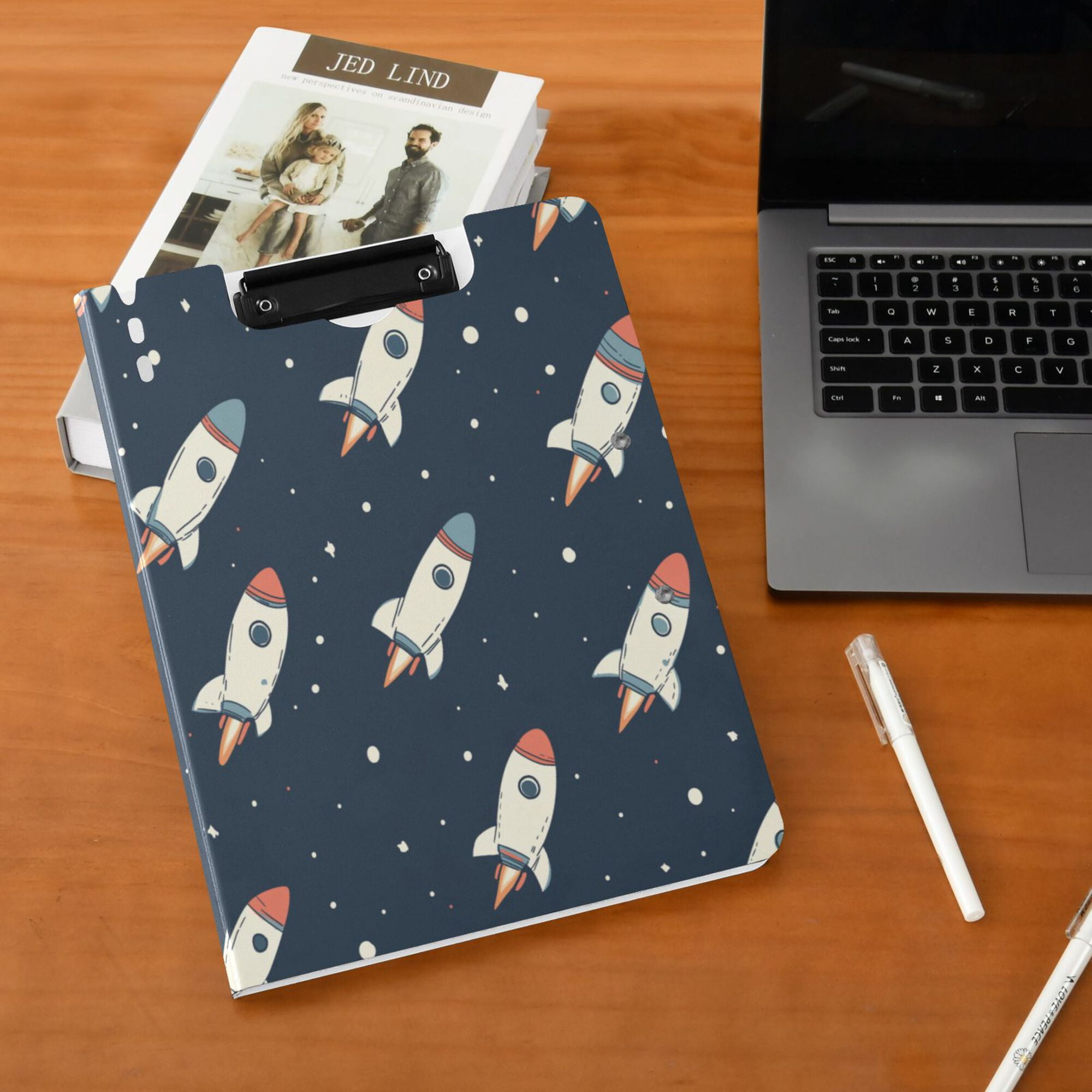 FORMRS A4 Clipboard Folder with Pen Holder Horizontal Foldable School Office Binder, Rocket Pattern