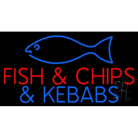 Fish And Chips N Kebabs LED Neon Sign 13 x 24 - inches, Clear Edge Cut Acrylic Backing, with Dimmer - Bright and Premium built indoor LED Neon Sign for restaurant window and interior decor.