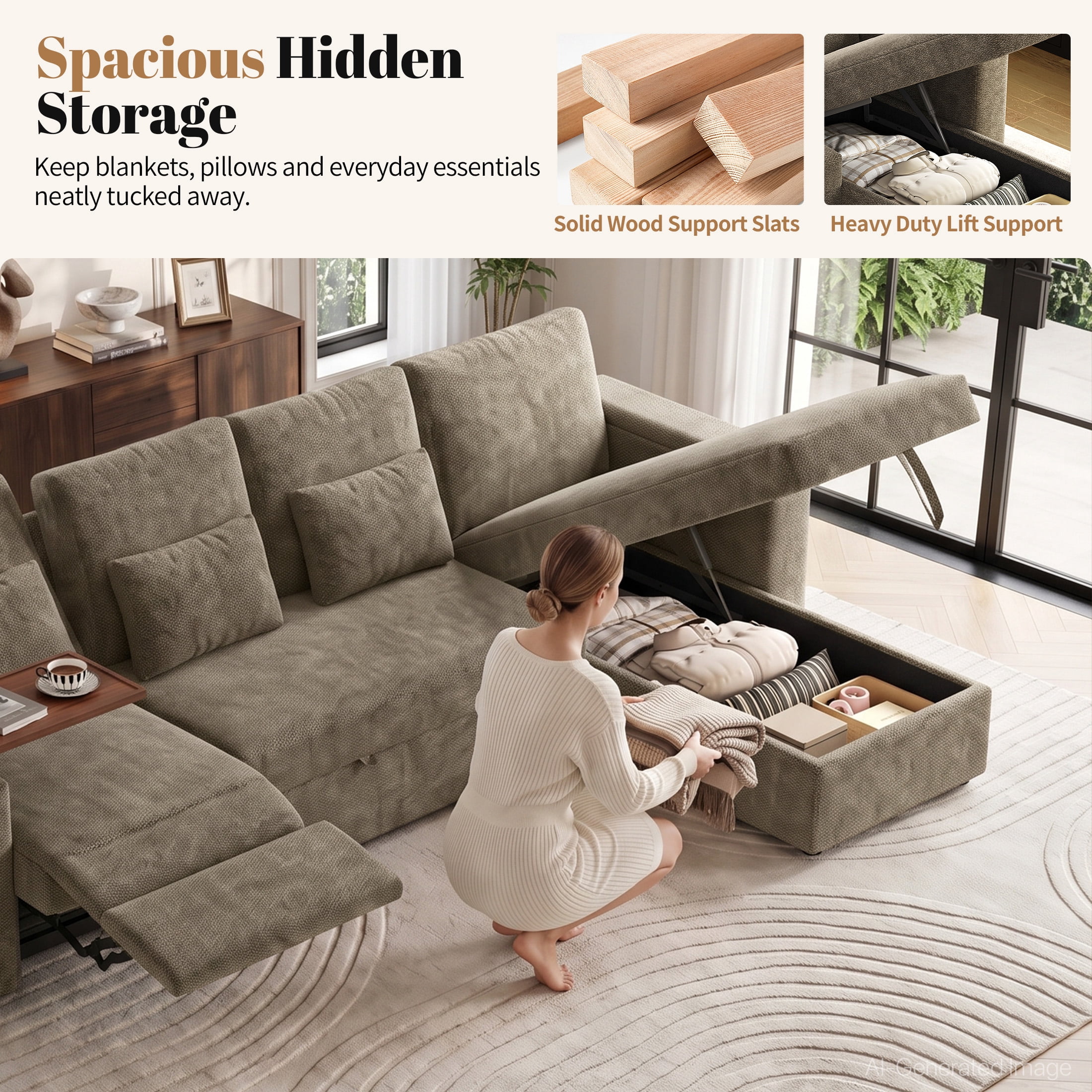 Aenkyo 108" L-Shaped Sectional Sleeper Sofa with Pull Out Bed, Recliner and Storage Chaise, Khaki