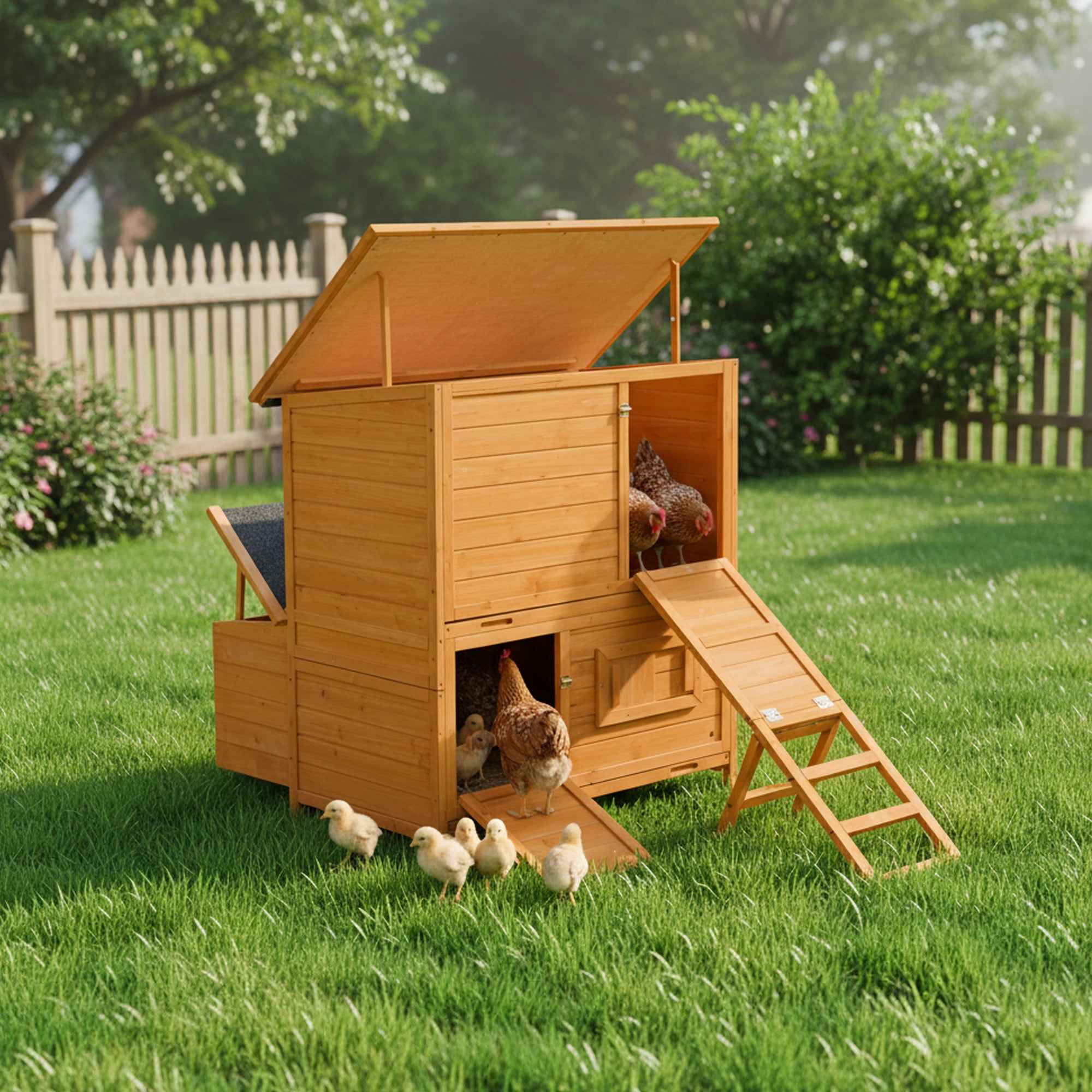Chicken Coop, Double-House Wooden Chicken Coop For 6-8 Chickens With 3 Nesting Boxes And 2 Pull-Out Trays, Featuring A Foldable Ramp And Flip-Up Asphalt Roof
