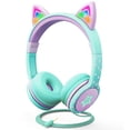 thumbnail image 1 of FosPower Kids Headphones with LED Cat Ears (Safe Volume Limit 85 dB), 3.5mm On-Ear Wired Headphones with Laced Tangle-Free Cables for Boys/Girls/School/Travel - Teal/Light Purple, 1 of 5