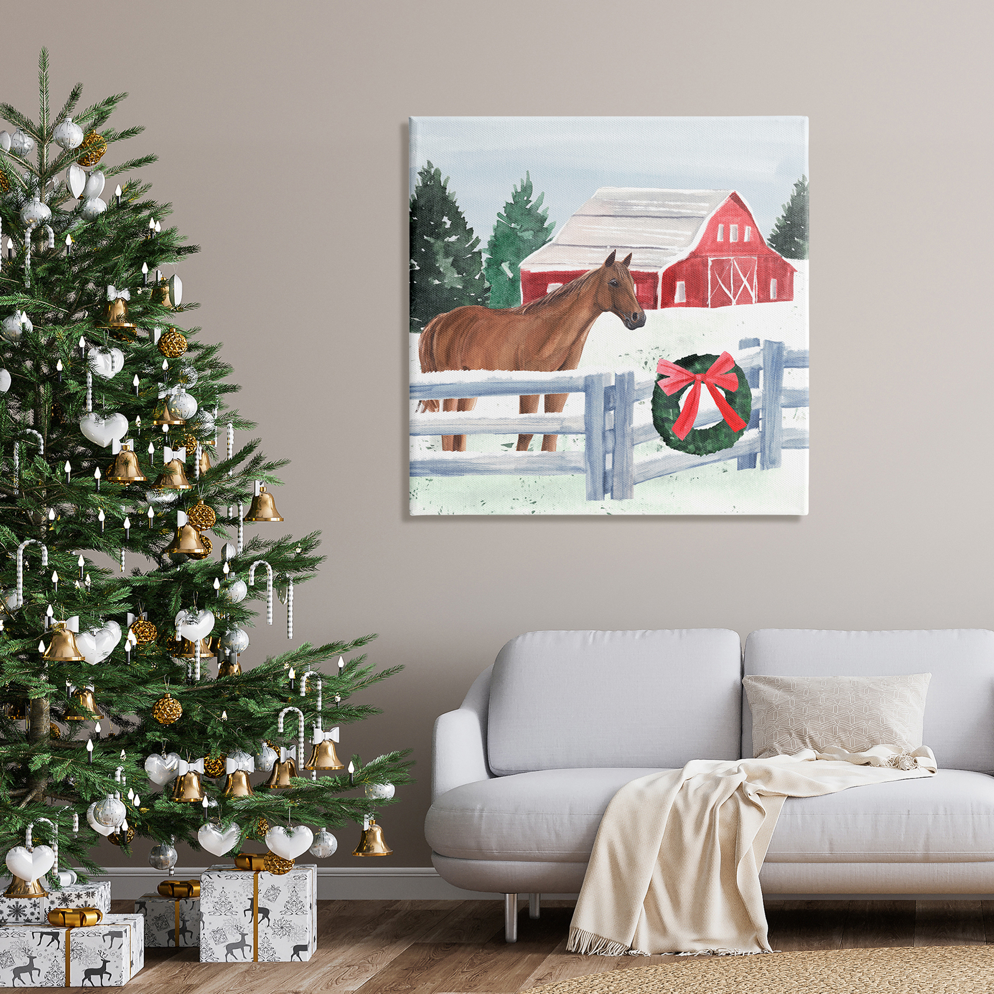 Charming Red Snowy Barn Horse Standing Winter Scene Animals & Insects Painting Gallery-Wrapped Canvas Print Wall Art