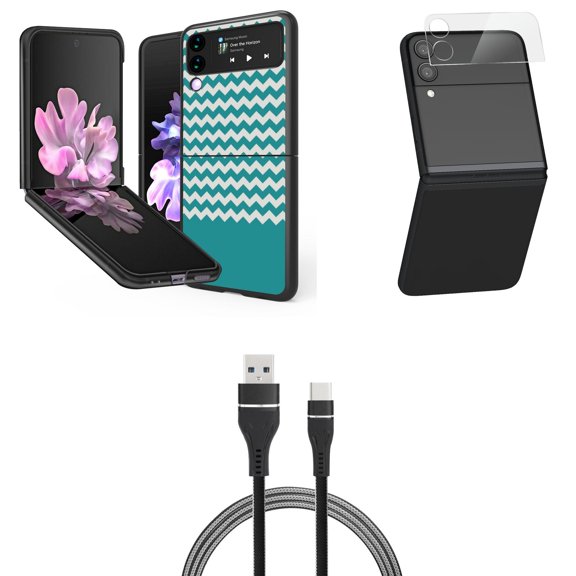 Bemz Premium Bundle for Samsung Galaxy Z Flip 3 5G: Slim Snap-On Protector Case (Teal Chevron), Rear Camera Glass Protector, Nylon Braided USB-C to USB-A Cable (3 Feet)