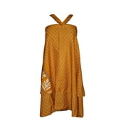 Mogul  Beach Wrap Dress Yellow Printed Reversible Premium Silk Sari  Skirt Beach Wear