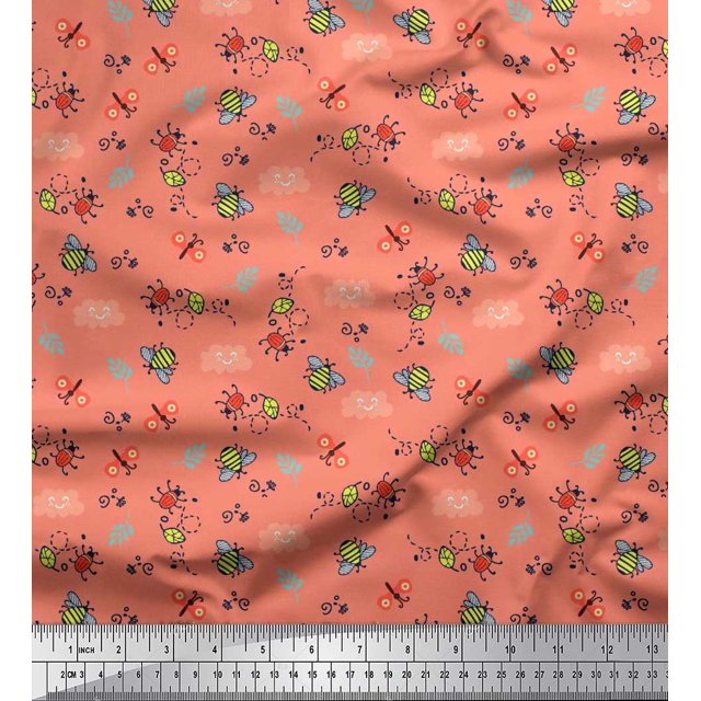 Soimoi Orange polyester Crepe Fabric Honey Bee & Bettle Bee Insects Printed Craft Fabric by The Yard 42 Inch Wide