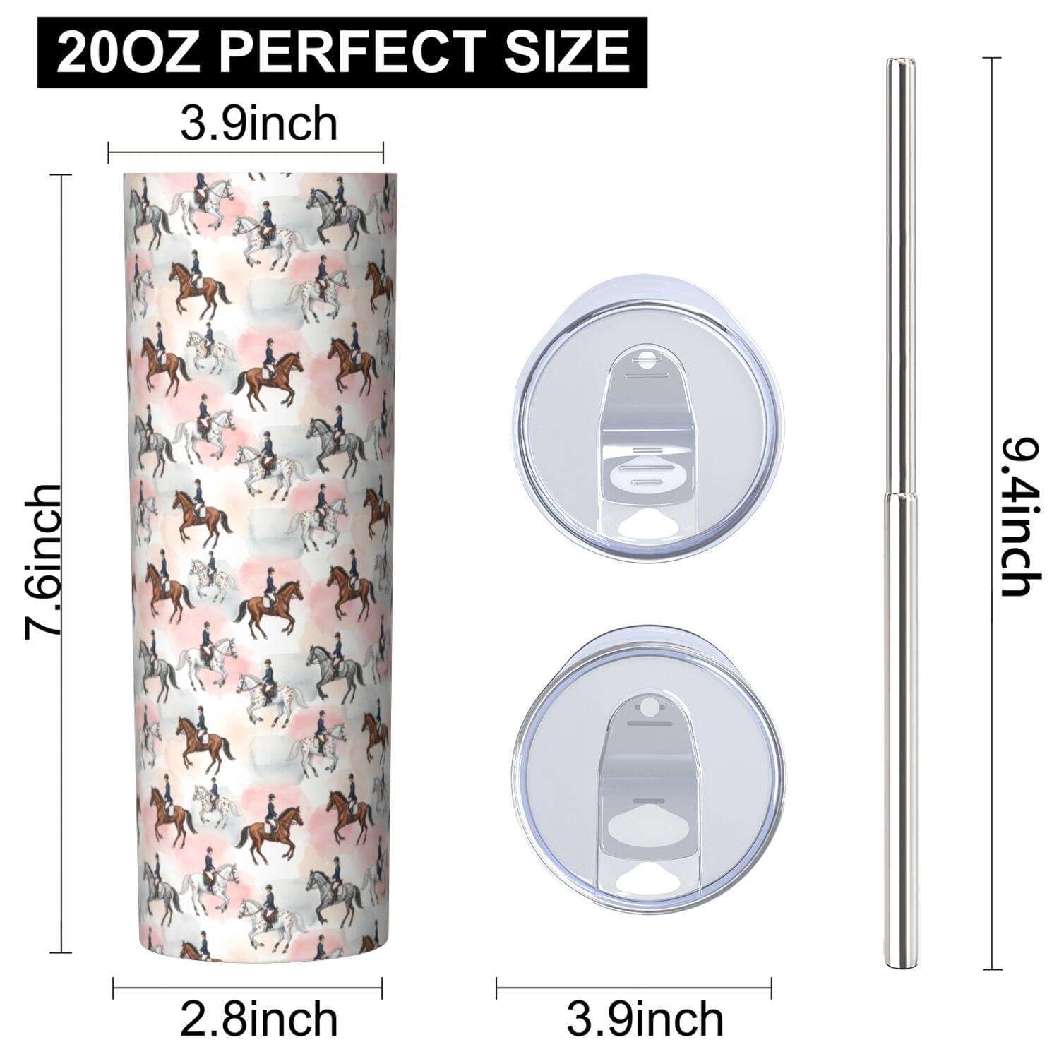 20oz Stainless Steel Skinny Tumbler, Double Wall Travel Mug with Lid and Straw,Horse Equestrian Pink Pattern